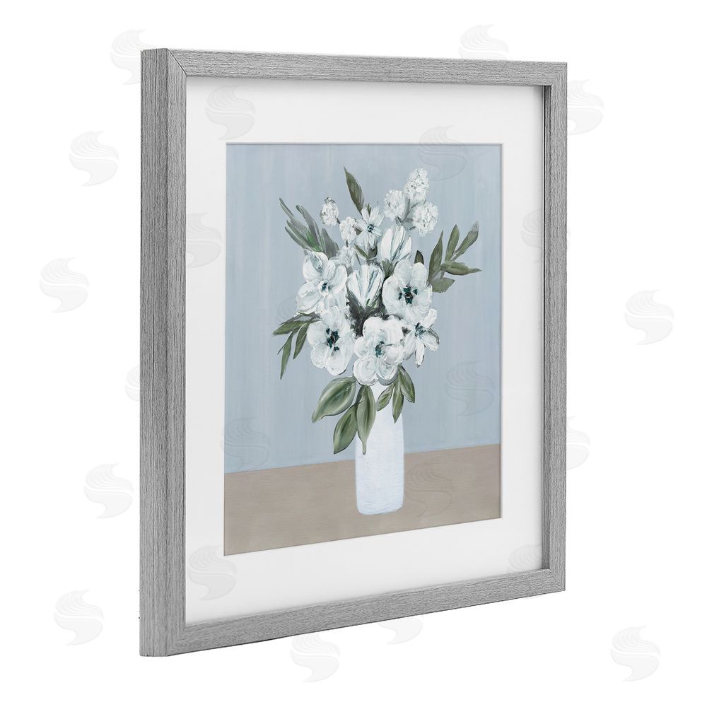Marilyn Dunlap Cerulean & White Blooms Gray Framed Print Under Glass Wall Art