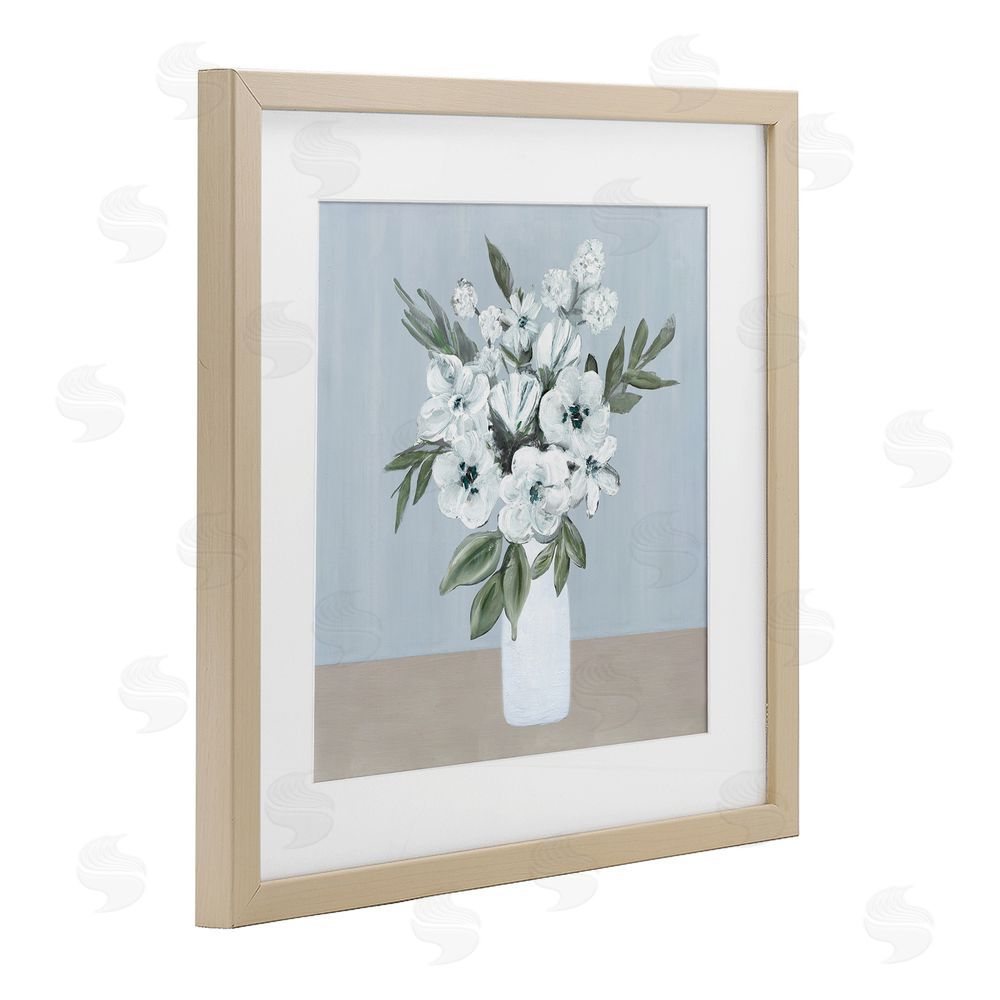 Marilyn Dunlap Cerulean & White Blooms Brown Framed Print Under Glass Wall Art