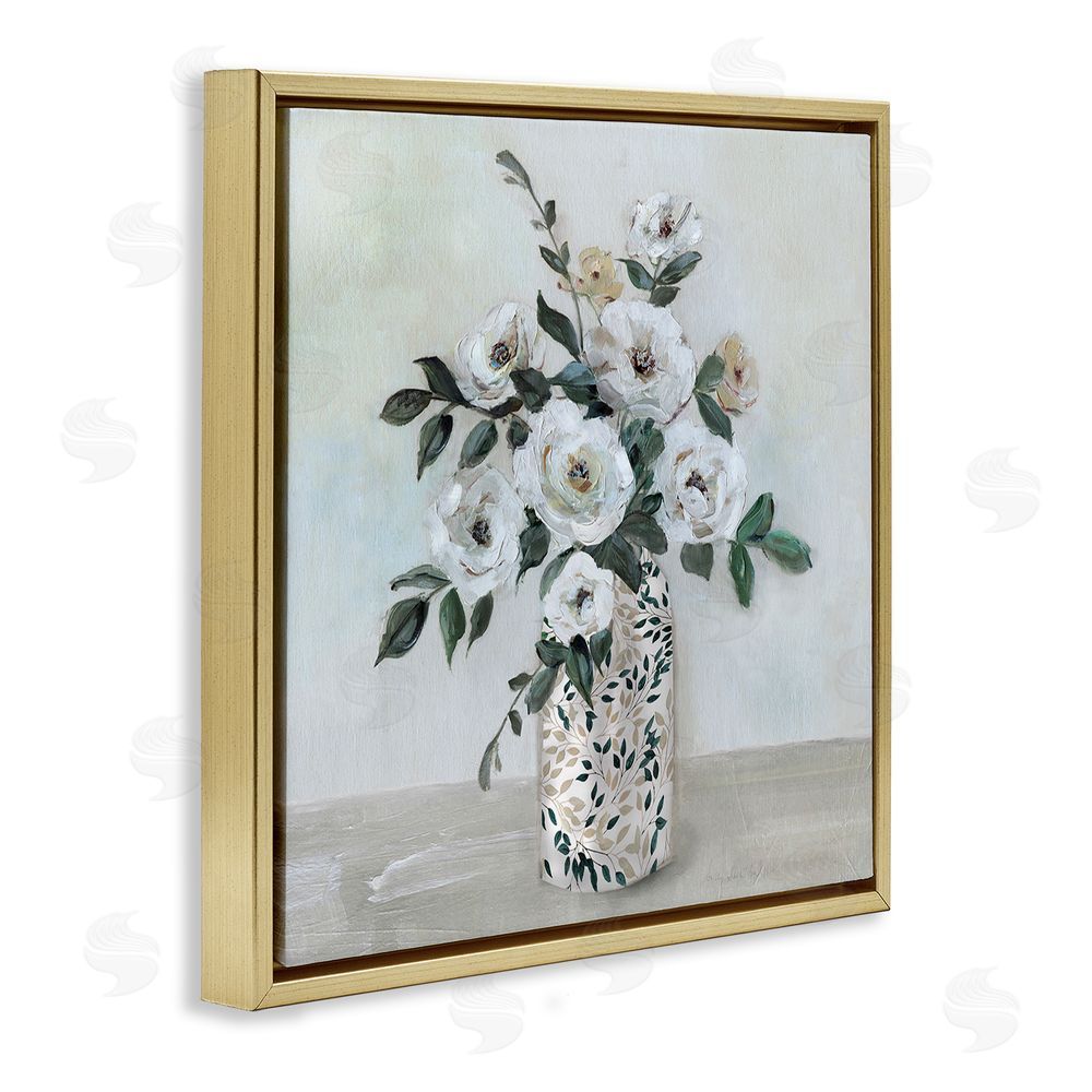 Sally Swatland Leaf Patterned Flower Vase Gold Floating Frame Canvas Wall Art Print