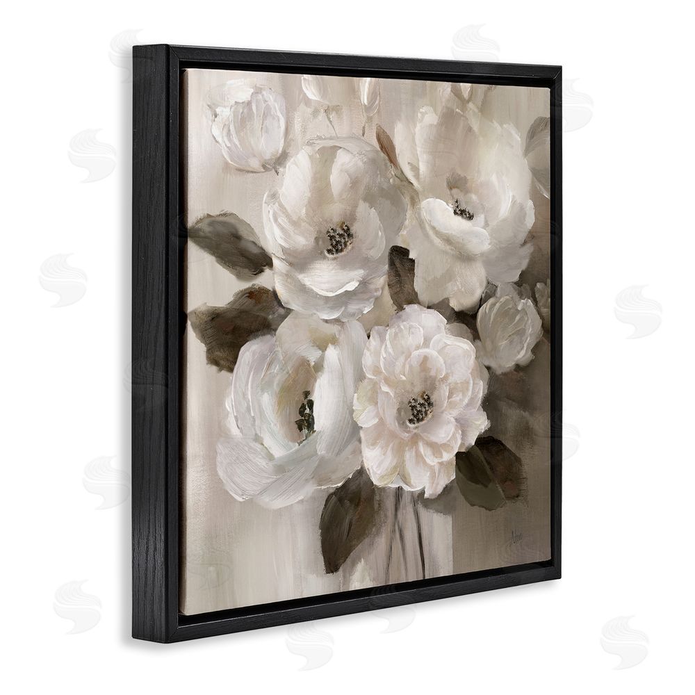 Nan Ivory Flower Bushel Black Floating Frame Canvas Wall Art Print