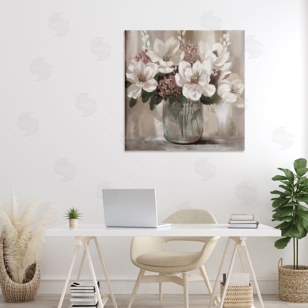 Nan Ivory Magnolias Vase Stretched Canvas Wall Art in Room