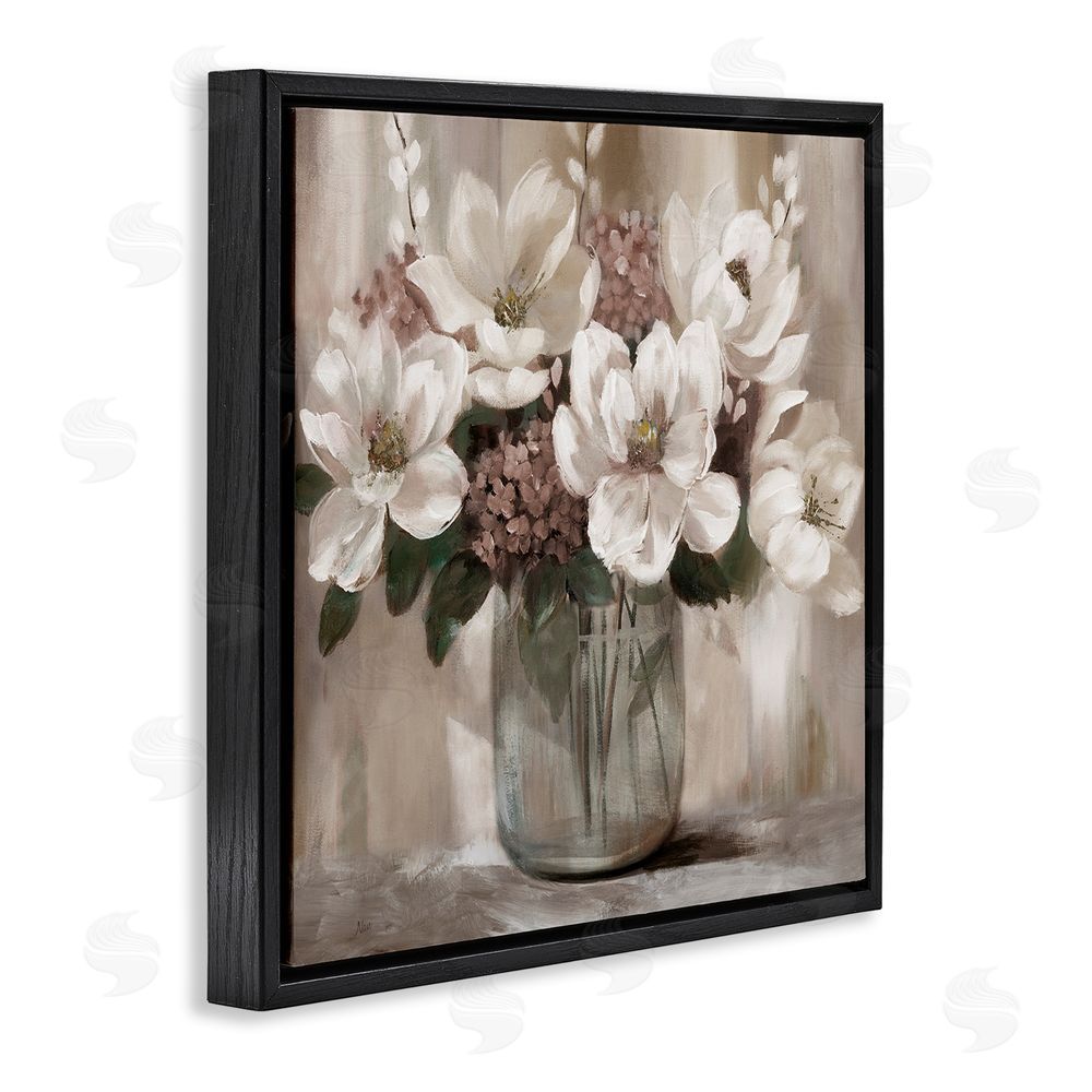 Nan Ivory Magnolias Vase Black Floating Frame Canvas Wall Art Print