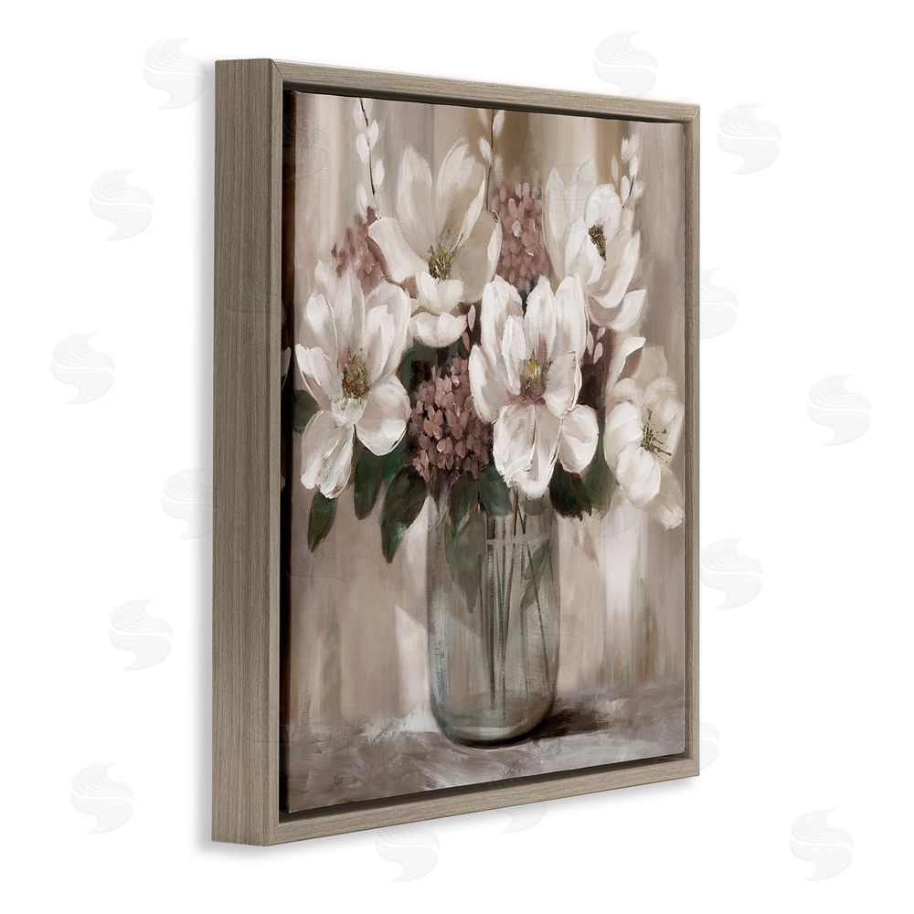 Nan Ivory Magnolias Vase Brown Floating Frame Canvas Wall Art Print