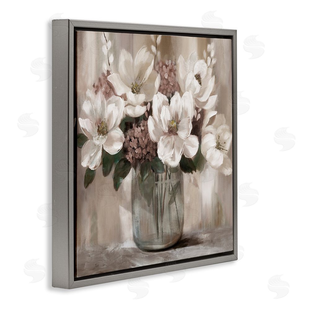 Nan Ivory Magnolias Vase Gray Floating Frame Canvas Wall Art Print