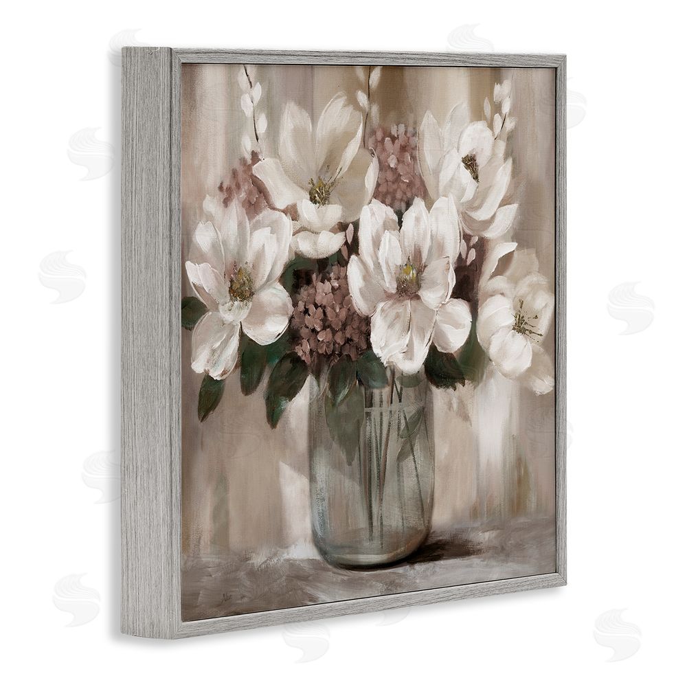 Nan Ivory Magnolias Vase Gray Framed Giclee Wall Art Print