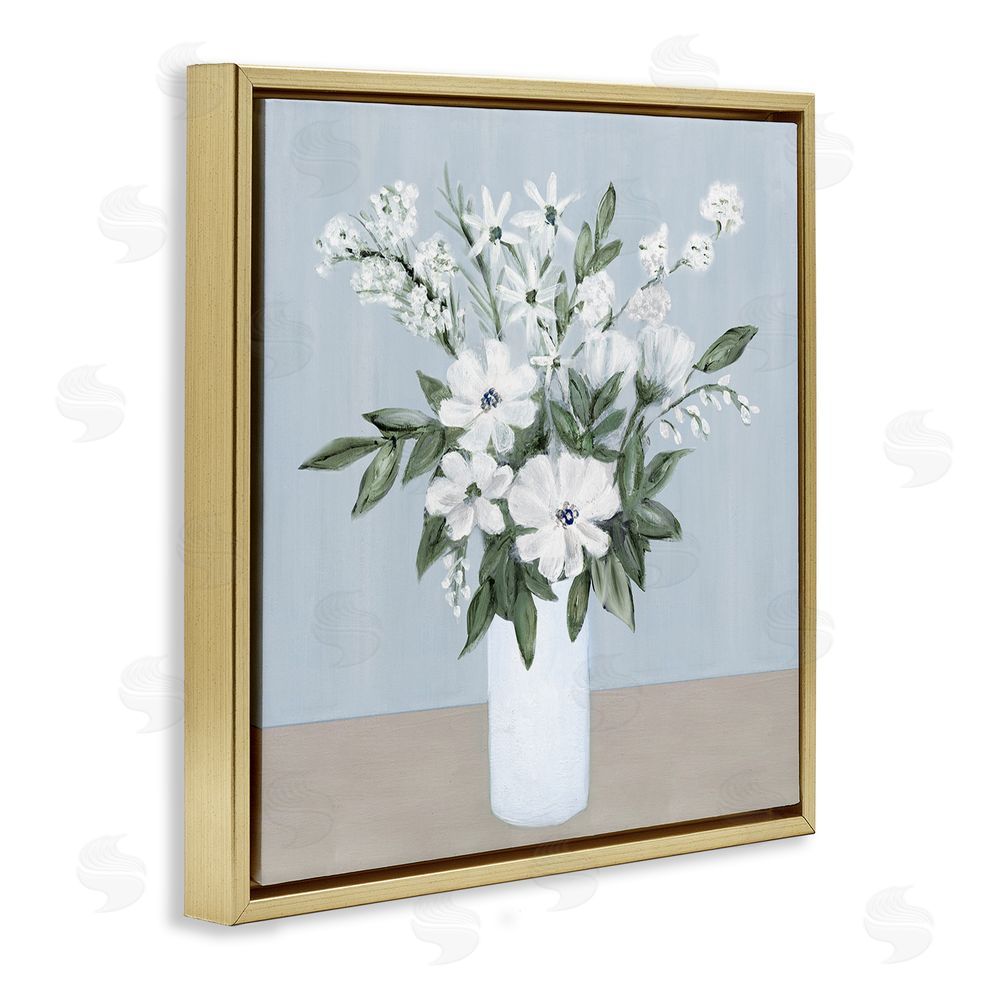 Marilyn Dunlap Mixed White Blooms on Blue Gold Floating Frame Canvas Wall Art Print