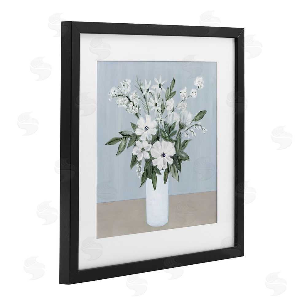 Marilyn Dunlap Mixed White Blooms on Blue Black Framed Print Under Glass Wall Art