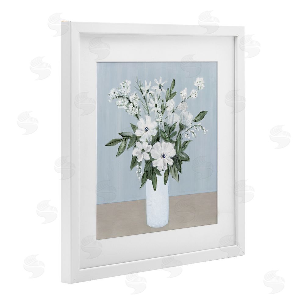 Marilyn Dunlap Mixed White Blooms on Blue White Framed Print Under Glass Wall Art