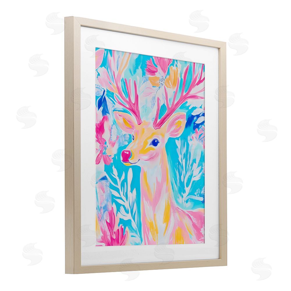 Arlington Prints Bright Pastel Deer Birch Framed Print Under Glass with White Mat Wall Art