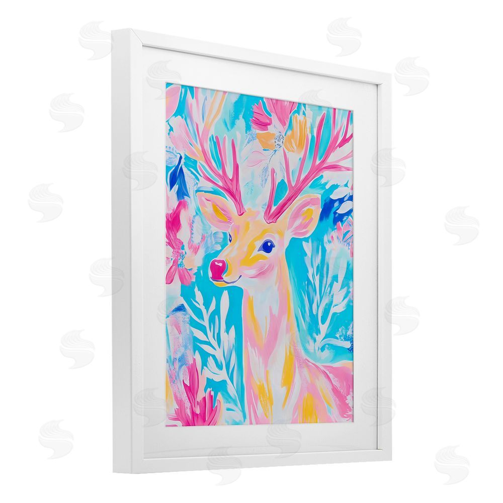Arlington Prints Bright Pastel Deer White Framed Print Under Glass with Mat Wall Art