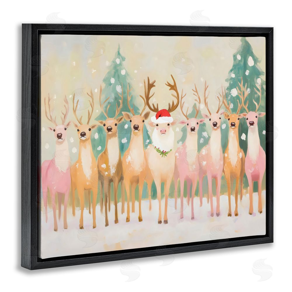 Arlington Prints Pastel Santa's Reindeer Black Floating Frame Canvas Wall Art Print
