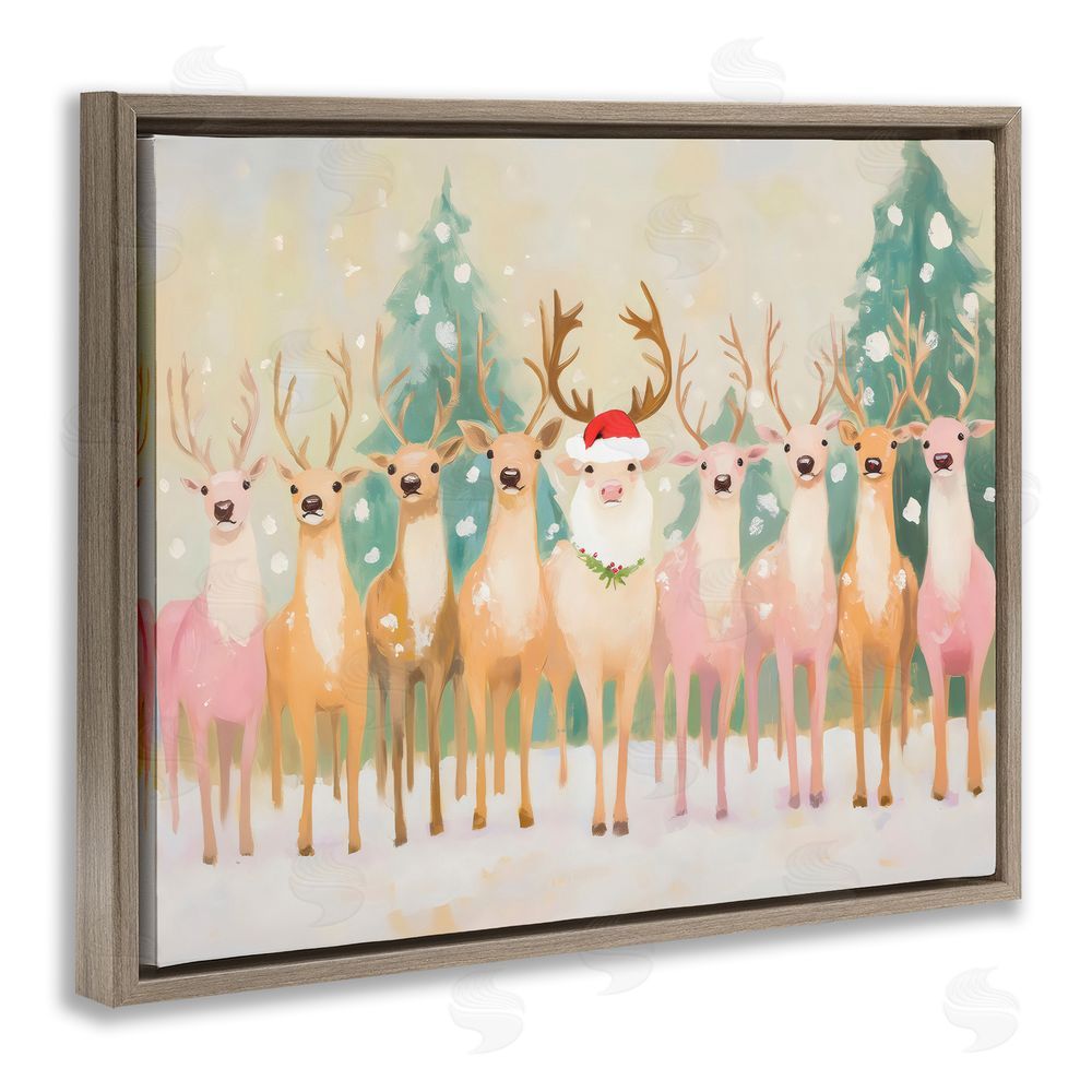 Arlington Prints Pastel Santa's Reindeer Brown Floating Frame Canvas Wall Art Print