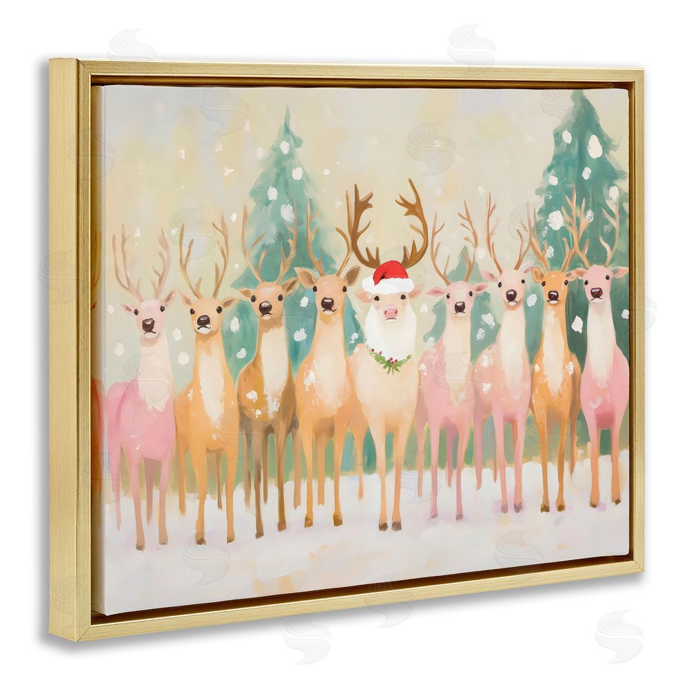 Arlington Prints Pastel Santa's Reindeer Gold Floating Frame Canvas Wall Art Print