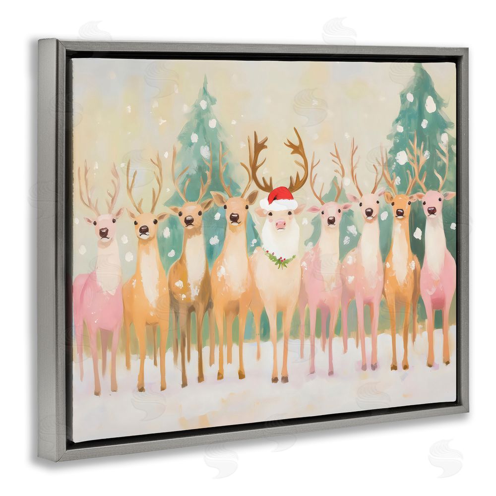 Arlington Prints Pastel Santa's Reindeer Gray Floating Frame Canvas Wall Art Print