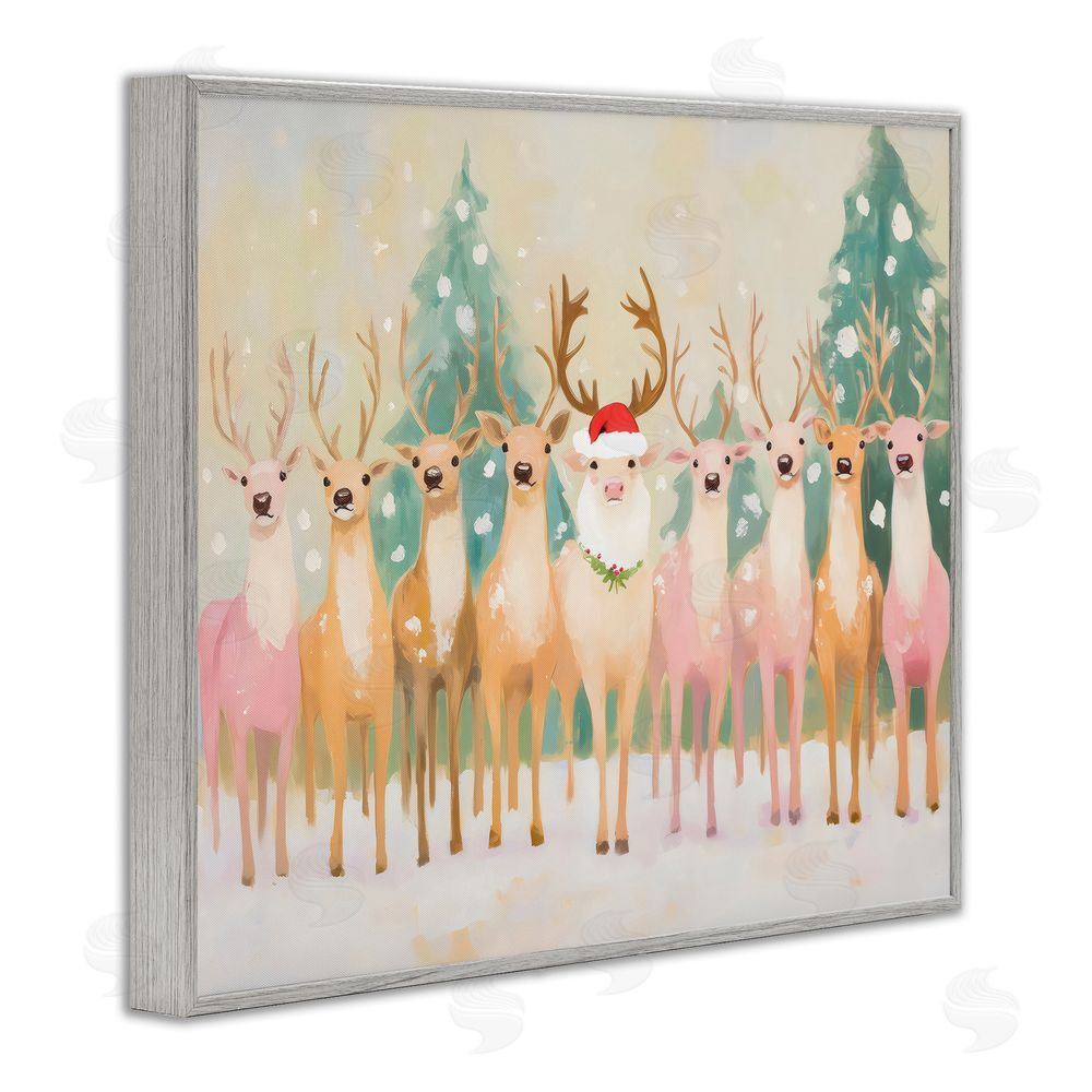 Arlington Prints Pastel Santa's Reindeer Gray Framed Giclee Wall Art Print