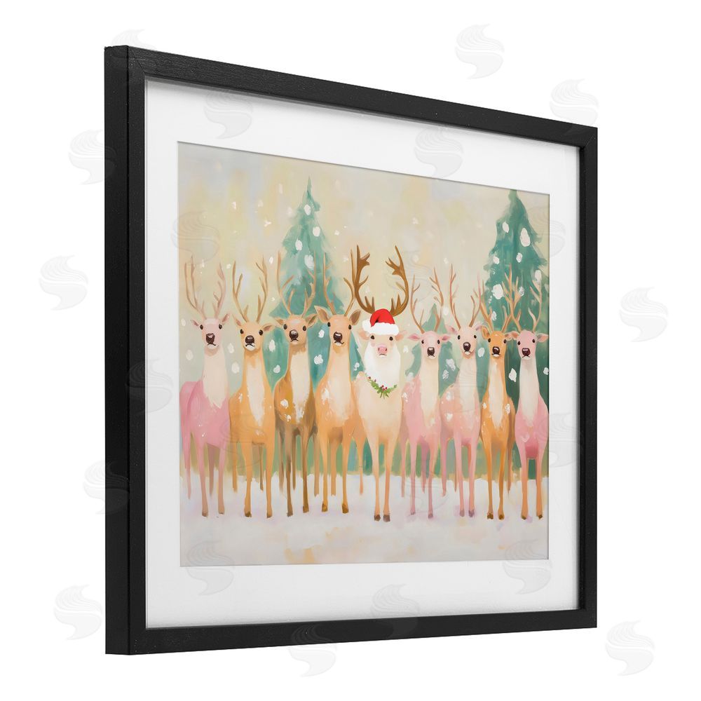 Arlington Prints Pastel Santa's Reindeer Black Framed Print Under Glass with White Mat Wall Art