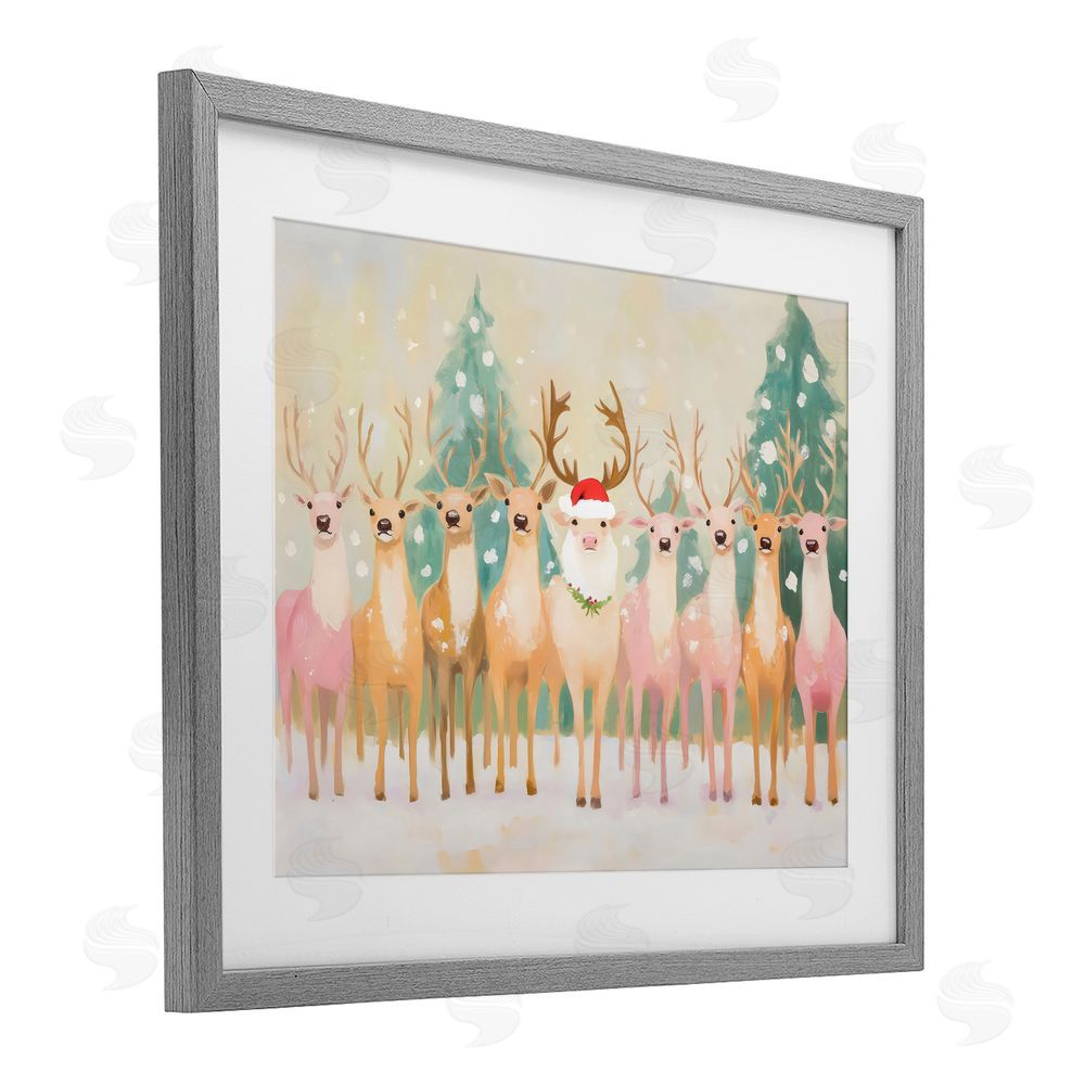 Arlington Prints Pastel Santa's Reindeer Gray Framed Print Under Glass with White Mat Wall Art