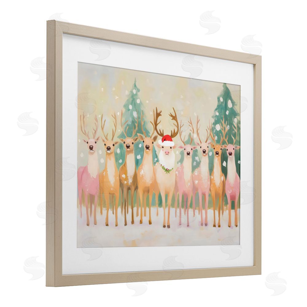 Arlington Prints Pastel Santa's Reindeer Birch Framed Print Under Glass with White Mat Wall Art