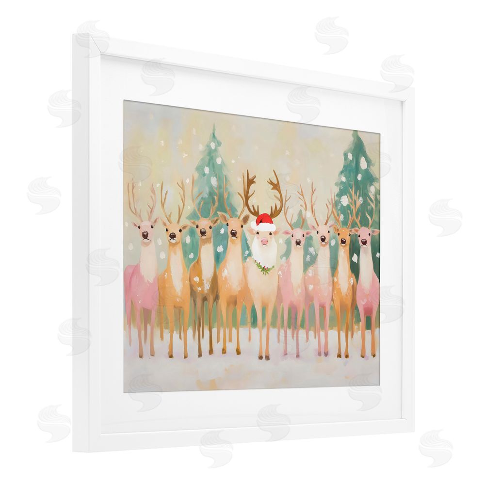 Arlington Prints Pastel Santa's Reindeer White Framed Print Under Glass with Mat Wall Art