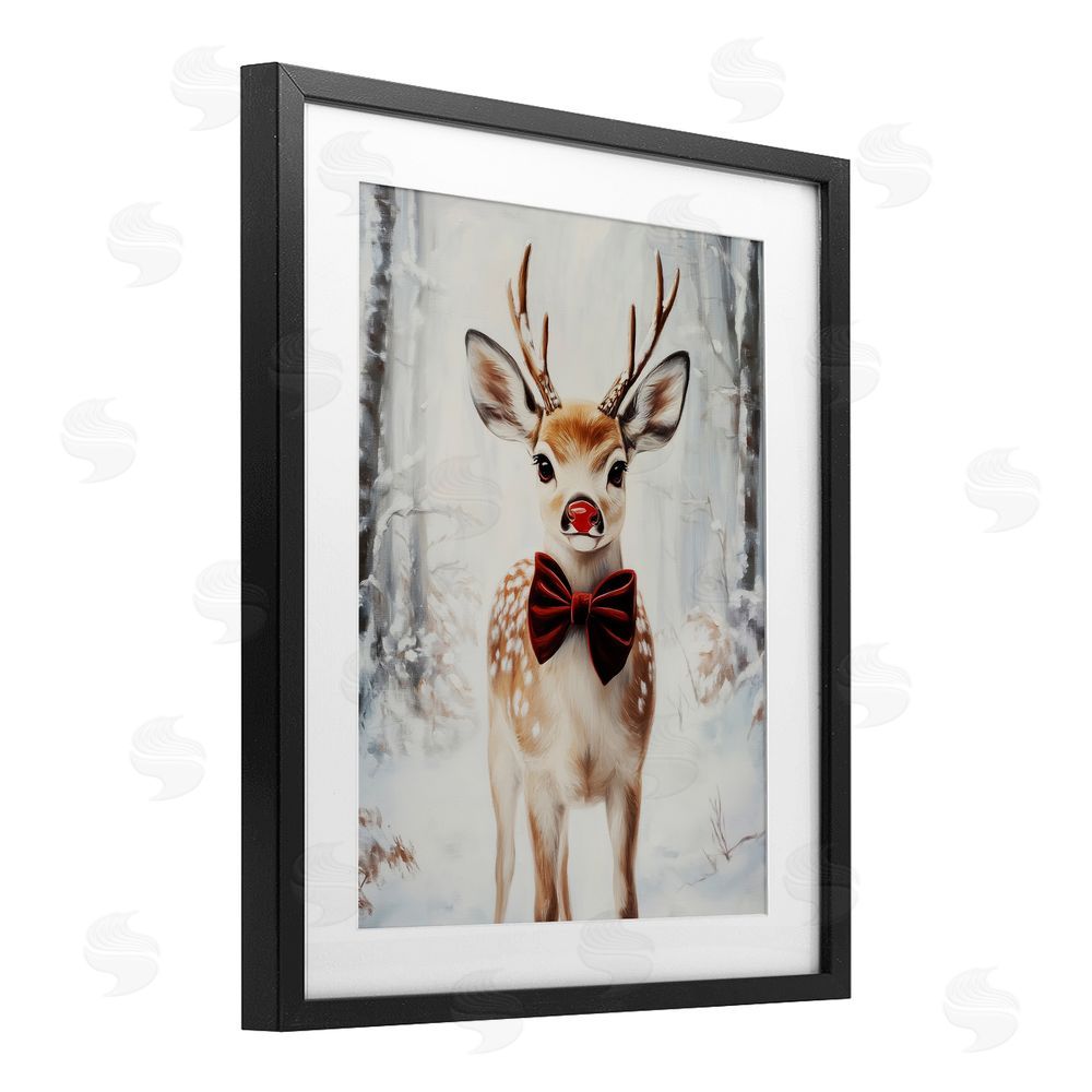 Arlington Prints Baby Reindeer with Red Nose Black Framed Print Under Glass with White Mat Wall Art
