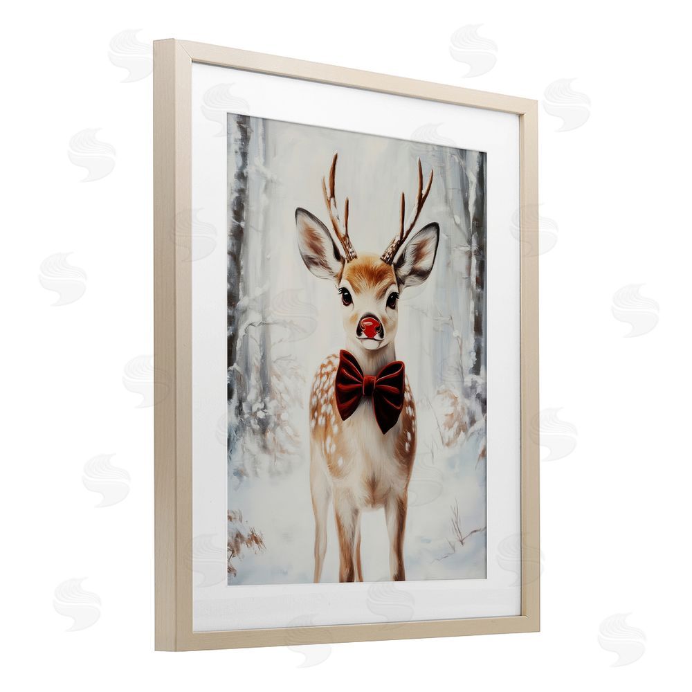 Arlington Prints Baby Reindeer with Red Nose Birch Framed Print Under Glass with White Mat Wall Art