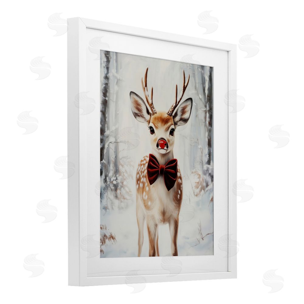 Arlington Prints Baby Reindeer with Red Nose White Framed Print Under Glass with Mat Wall Art