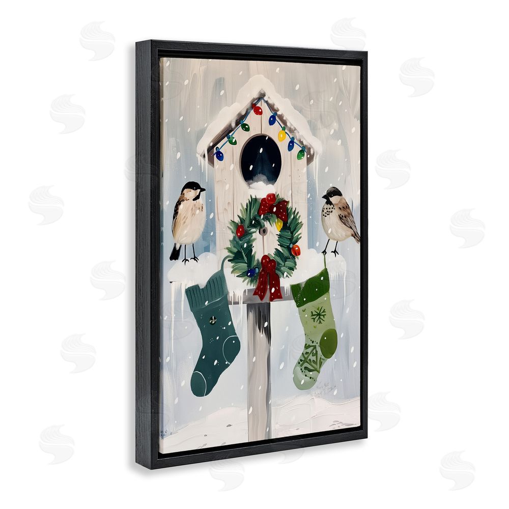 Arlington Prints Festive Christmas Birdhouse Black Floating Frame Canvas Wall Art Print