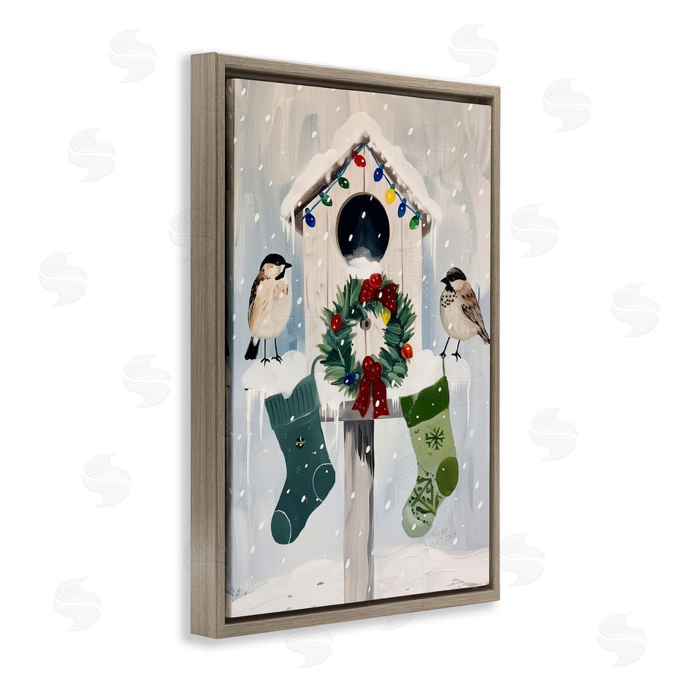 Arlington Prints Festive Christmas Birdhouse Brown Floating Frame Canvas Wall Art Print