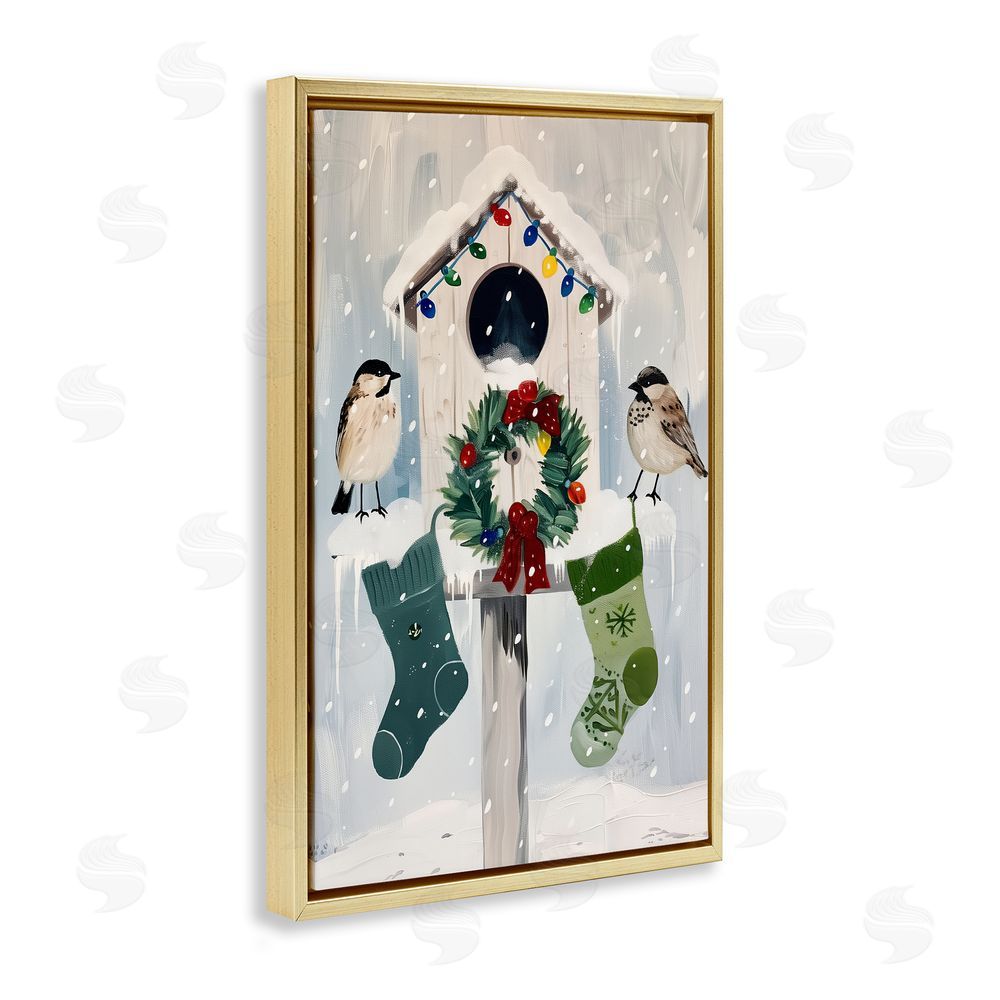 Arlington Prints Festive Christmas Birdhouse Gold Floating Frame Canvas Wall Art Print