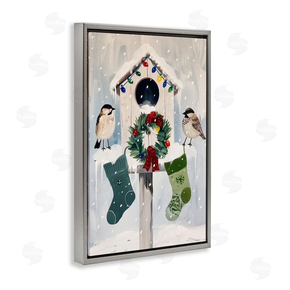 Arlington Prints Festive Christmas Birdhouse Gray Floating Frame Canvas Wall Art Print