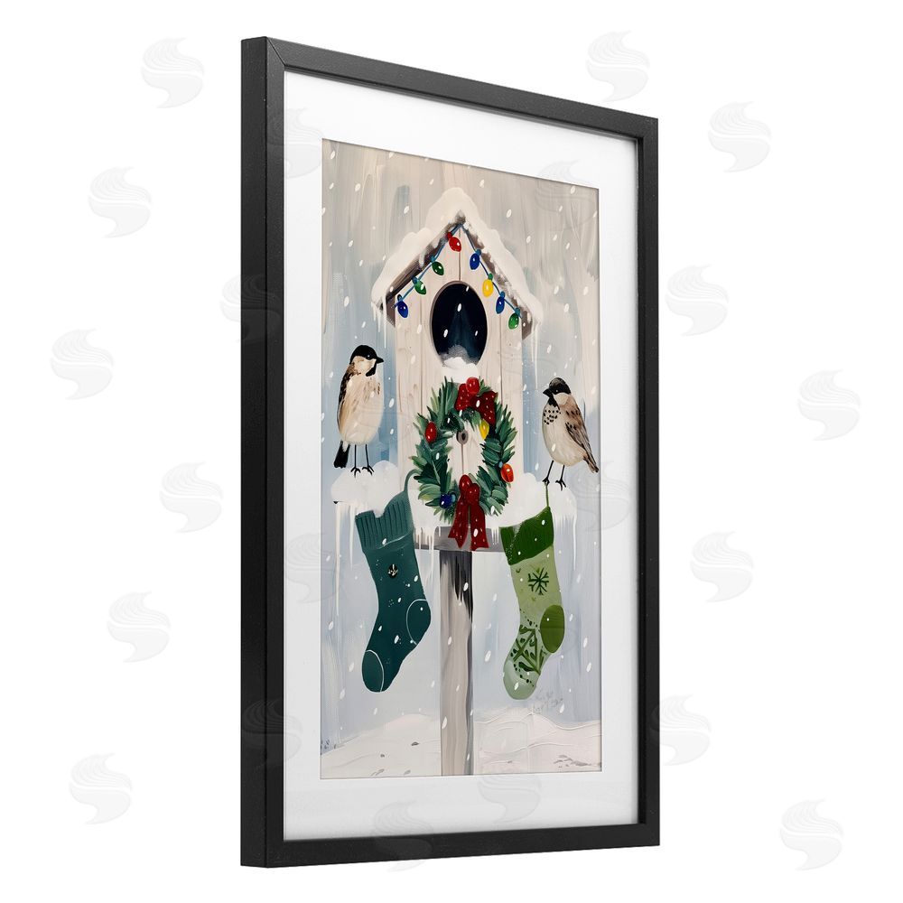 Arlington Prints Festive Christmas Birdhouse Black Framed Print Under Glass with White Mat Wall Art
