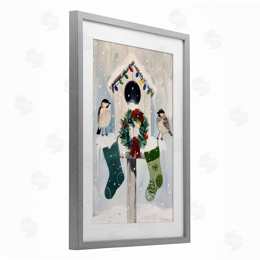 Arlington Prints Festive Christmas Birdhouse Gray Framed Print Under Glass with White Mat Wall Art