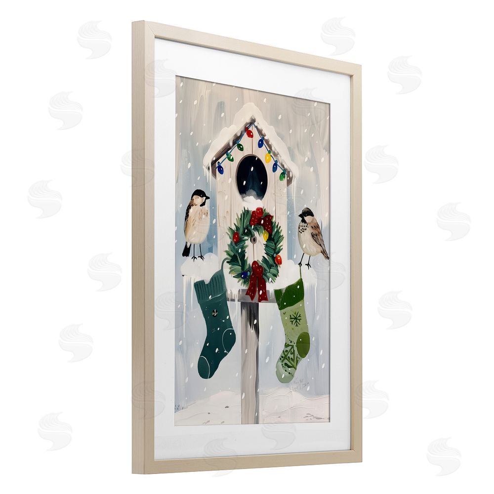 Arlington Prints Festive Christmas Birdhouse Birch Framed Print Under Glass with White Mat Wall Art