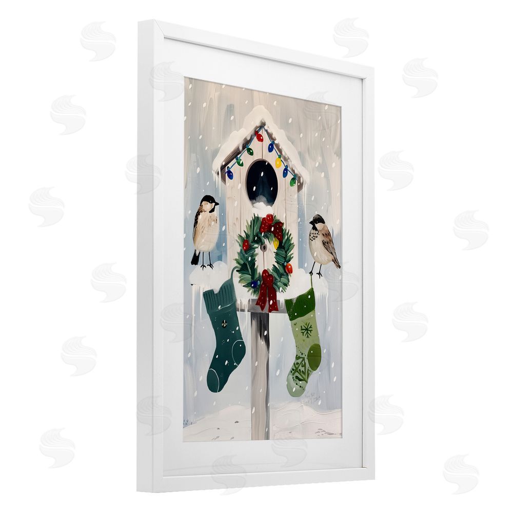 Arlington Prints Festive Christmas Birdhouse White Framed Print Under Glass with Mat Wall Art