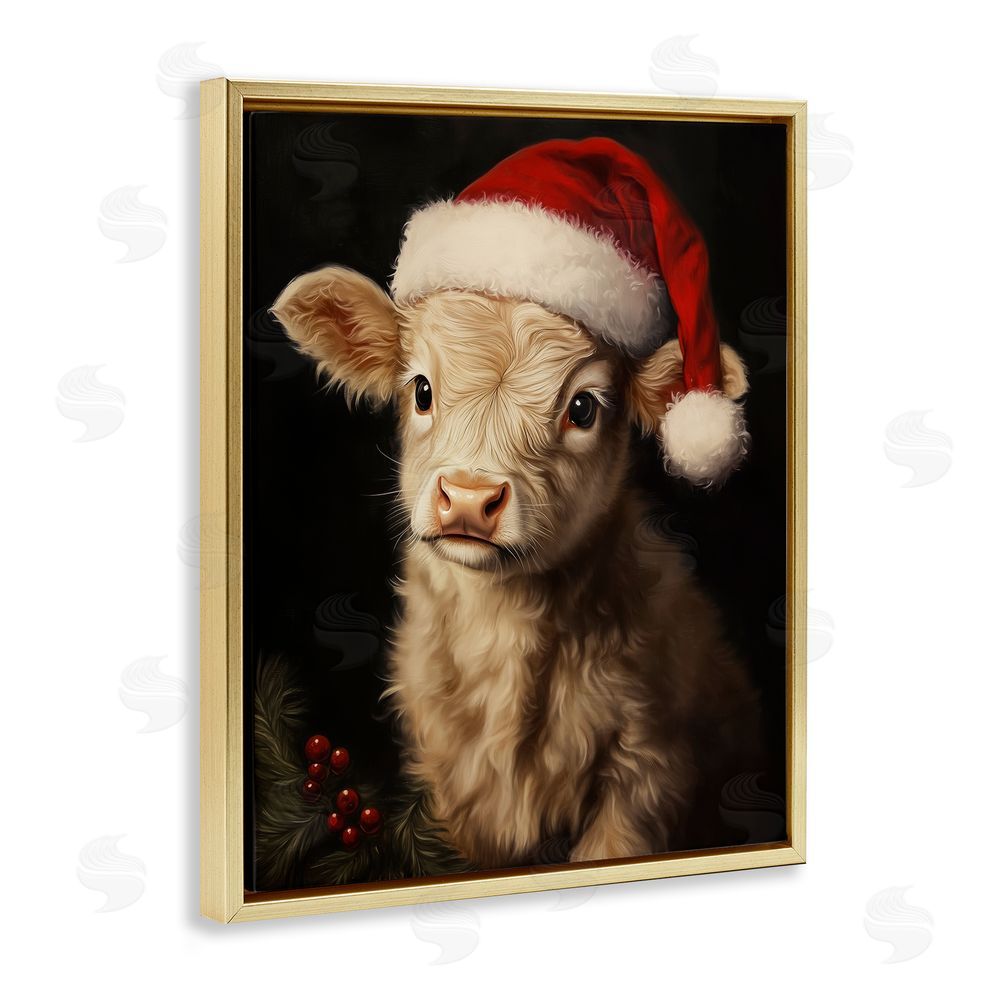 Arlington Prints Christmas Hat Highland Cow Gold Floating Frame Canvas Wall Art Print