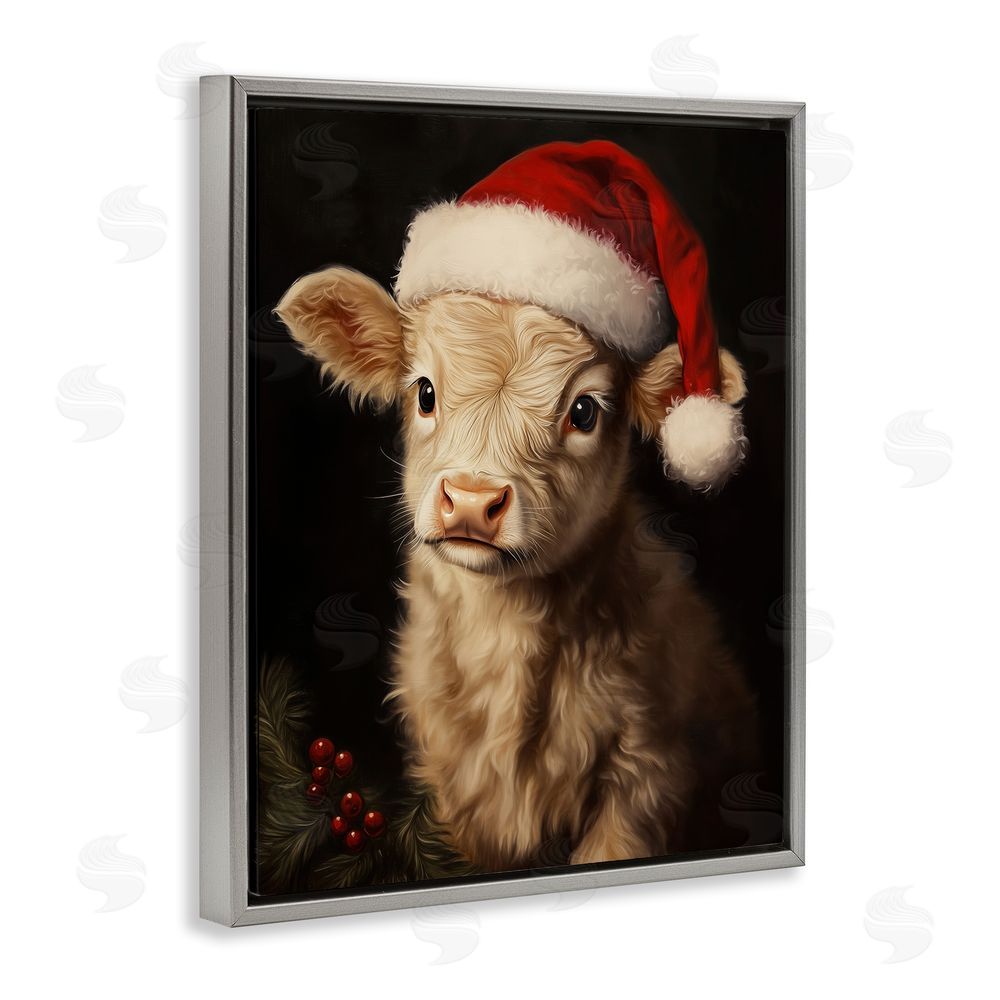 Arlington Prints Christmas Hat Highland Cow Gray Floating Frame Canvas Wall Art Print