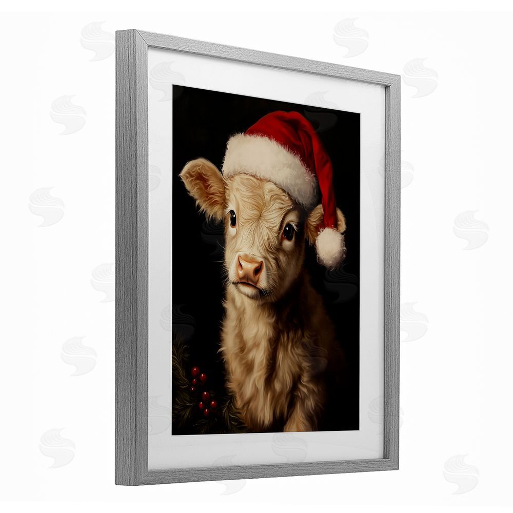 Arlington Prints Christmas Hat Highland Cow Gray Framed Print Under Glass with White Mat Wall Art