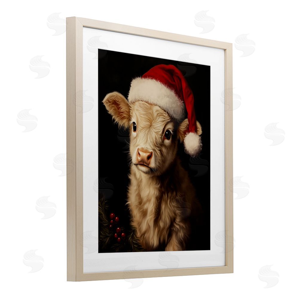 Arlington Prints Christmas Hat Highland Cow Birch Framed Print Under Glass with White Mat Wall Art