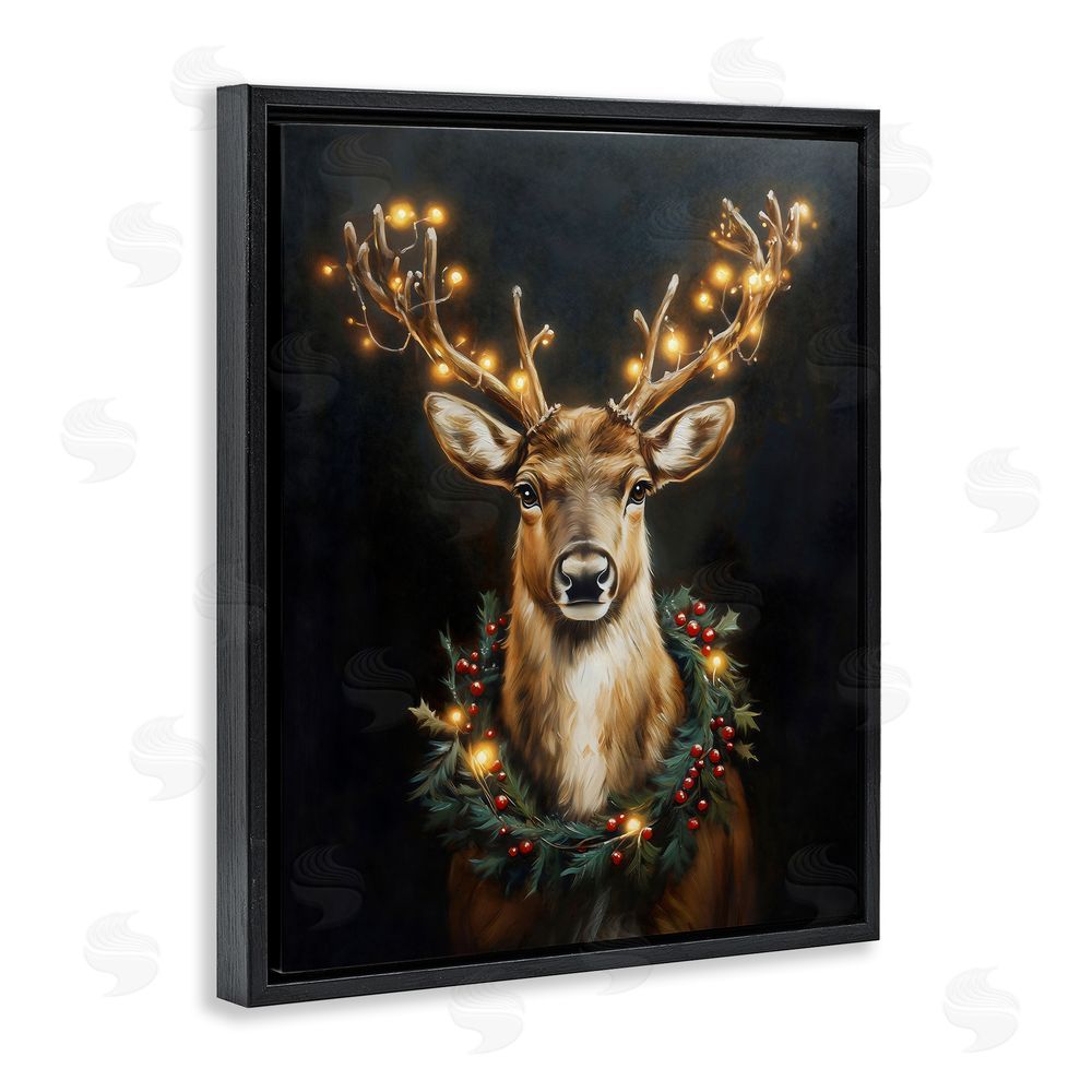 Arlington Prints Illuminated Deer & Wreath Black Floating Frame Canvas Wall Art Print