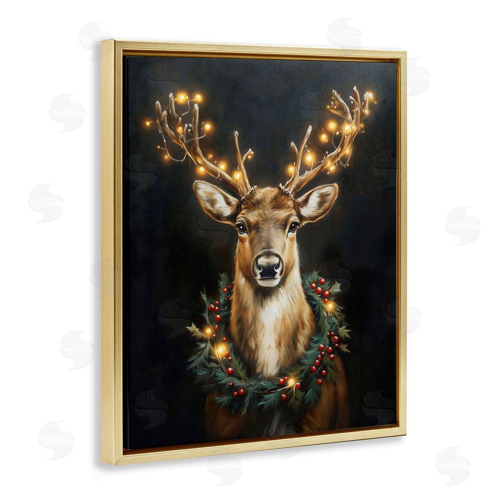 Arlington Prints Illuminated Deer & Wreath Gold Floating Frame Canvas Wall Art Print