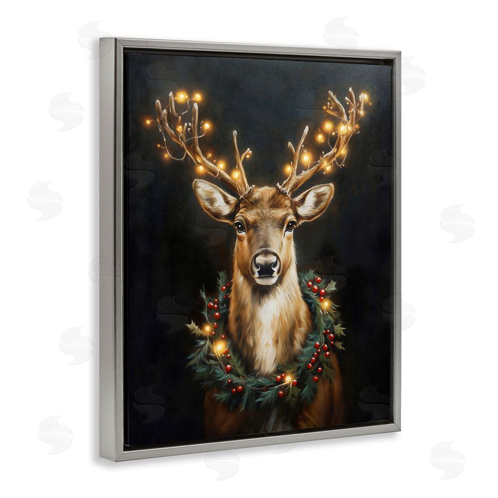 Arlington Prints Illuminated Deer & Wreath Gray Floating Frame Canvas Wall Art Print