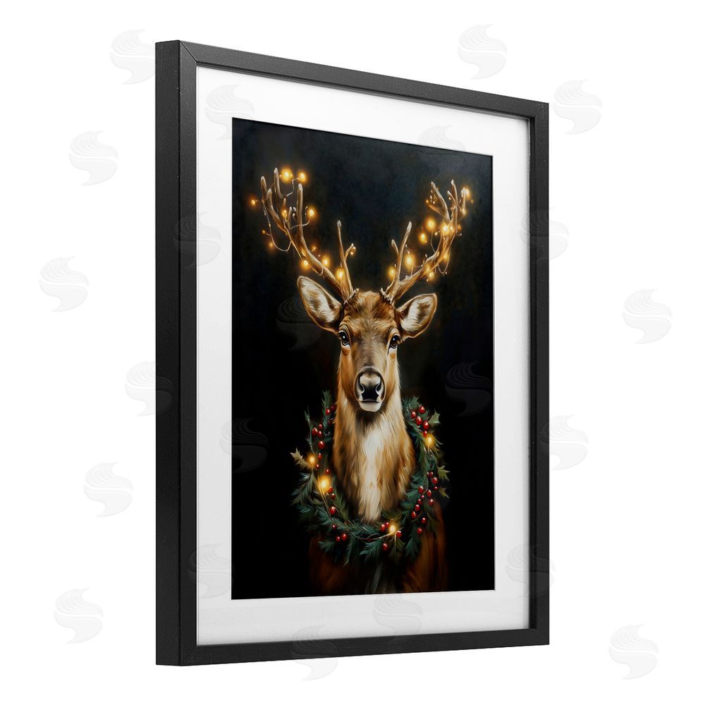 Arlington Prints Illuminated Deer & Wreath Black Framed Print Under Glass with White Mat Wall Art