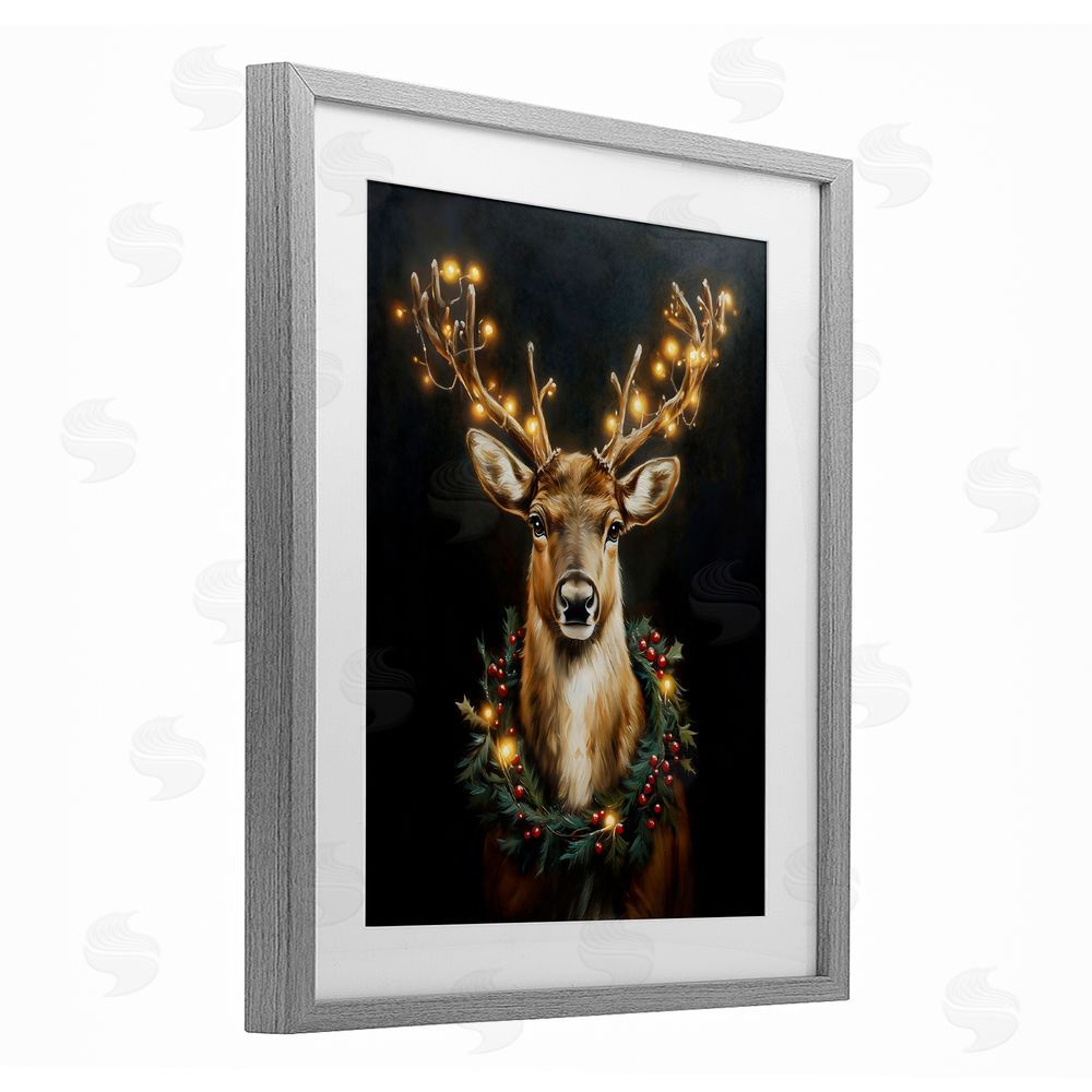 Arlington Prints Illuminated Deer & Wreath Gray Framed Print Under Glass with White Mat Wall Art