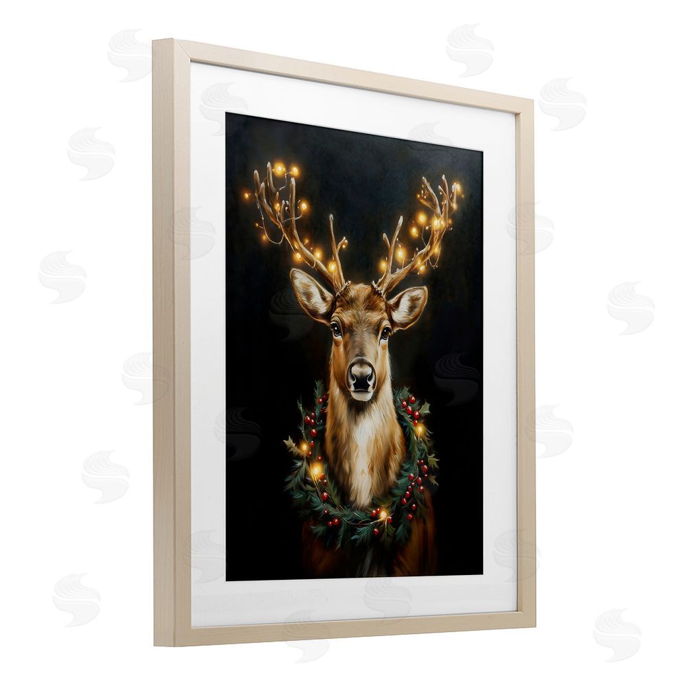 Arlington Prints Illuminated Deer & Wreath Birch Framed Print Under Glass with White Mat Wall Art