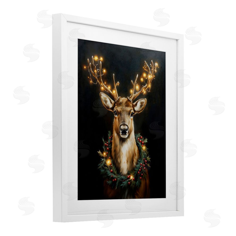 Arlington Prints Illuminated Deer & Wreath White Framed Print Under Glass with Mat Wall Art