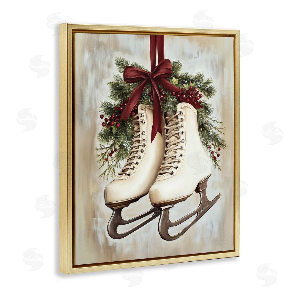 Arlington Prints Festive Ice Skates Gold Floating Frame Canvas Wall Art Print
