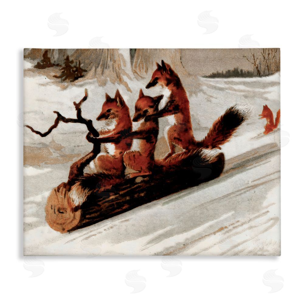 Arlington Prints Foxes Sledding on Log Canvas Wall Art Print