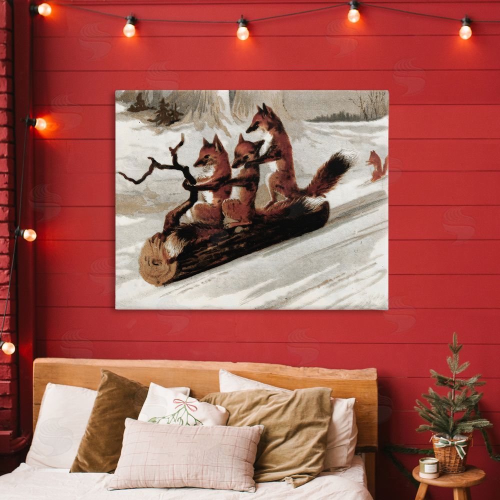 Arlington Prints Foxes Sledding on Log Canvas Art on Wall