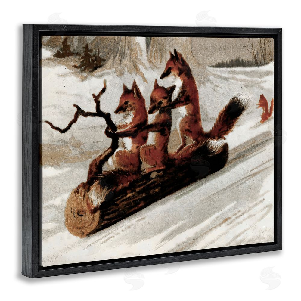 Arlington Prints Foxes Sledding on Log Black Floating Frame Canvas Wall Art Print