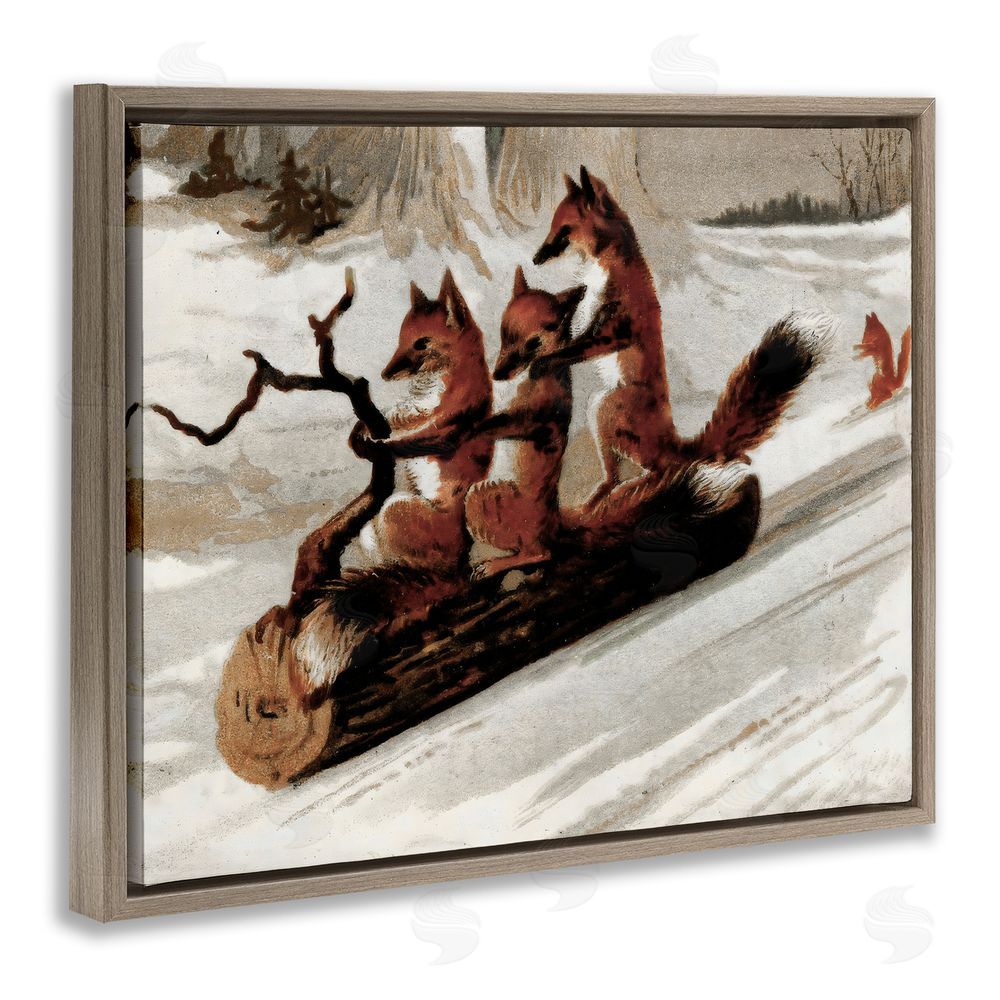 Arlington Prints Foxes Sledding on Log Brown Floating Frame Canvas Wall Art Print